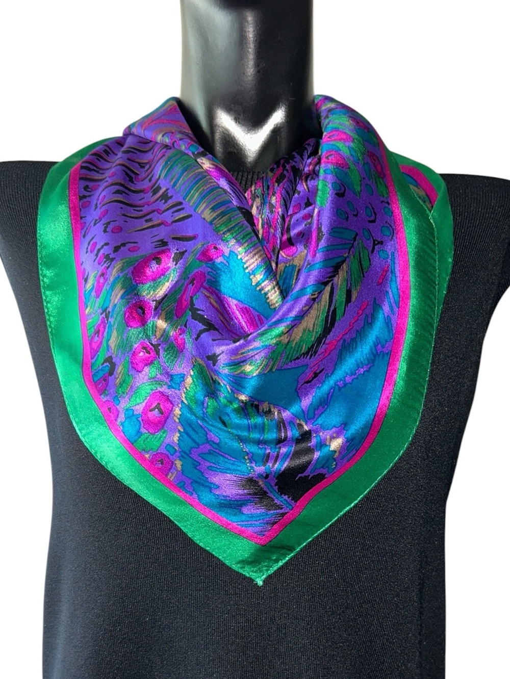 HONEY 100% Silk Scarf Jewel Tones Peacock Feathers  Made in Japan Vintage